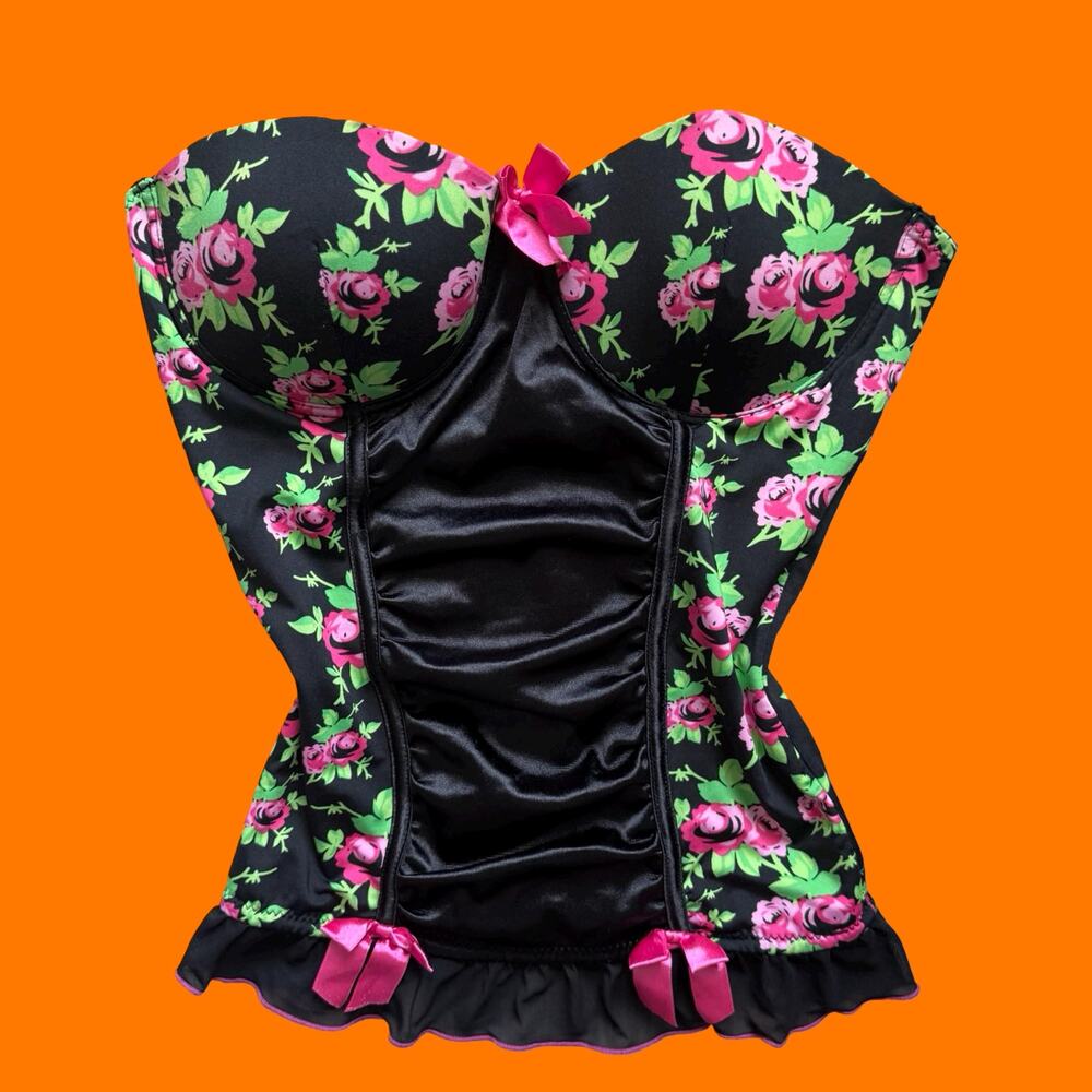 00's vintage black and pink rose floral satin tube top y2k bustier corset LARGE